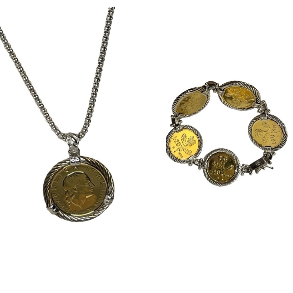 Two-Tone Gold and Silver Coin Pendant Necklace and Bracelet Set